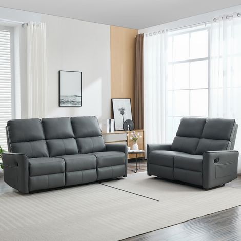 MADRID 2+3 SEATER MANUAL RECLINER AIR LEATHER SOFA SET GREY (1/5)