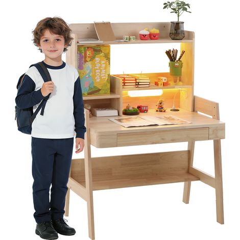 Table enfant en bois massif, hauteur réglable, teintes naturelles, LED, port USB, tiroir, rangement, sécurité, dès 6 ans (1/5)