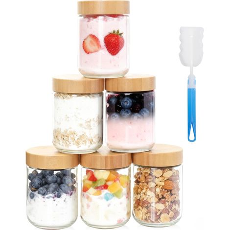 Lot de 6 Overnight Oats Jar 16oz/480ml, Pot Yaourt en Verre avec Couvercle, Hermétique, Lavable au Lave-vaisselle, Meal Prep Containers pour Snacks, Puddings, Smoothie, Salade,Céréales (1/5)