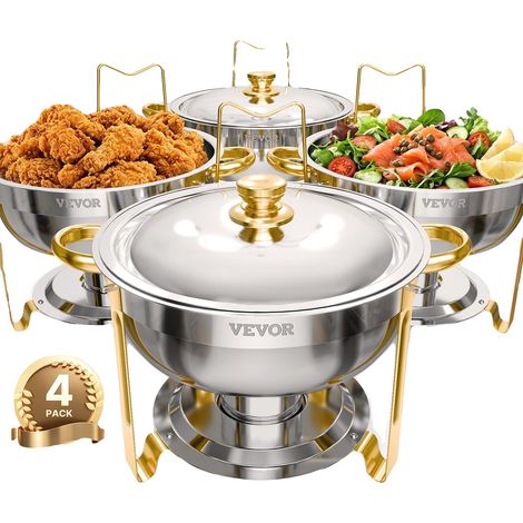 Set di scaldavivande VEVOR, 5 Qt, 4 pezzi, acciaio inox, rotondo con coperchio, vaschetta per l'acqua, supporto pieghevole, argento, oro-4 pezzi (1/2)