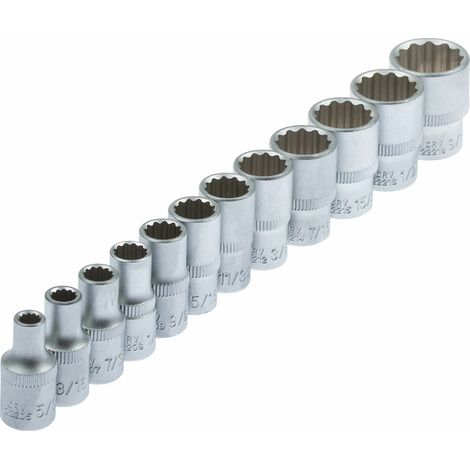 Juego Vasos en Pulgadas Whitworth de 12 Caras 5/32"-9/16 para carraca pequeña de 1/4" CR-V herramienta ideal para trabajos de precisión en mecánica, automoción y bricolaje.