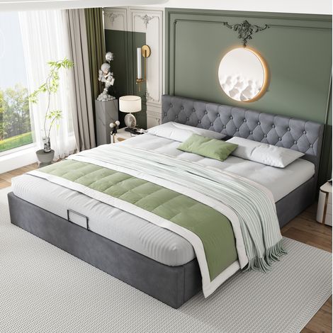 Letto matrimoniale 180x200 cm velluto grigio, con contenitore per camera, senza materasso - FLORAGRACE (1/5)