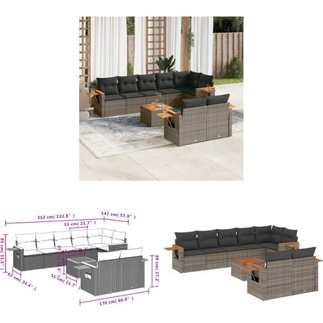 Salon de jardin 9 pcs avec coussins gris résine tressée - Salon De Jardin - Canapé Extérieur - Mobilier De Jardin - Set Salon De Jardin - Résine Tressée - Home & Living