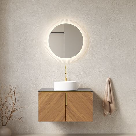 76cm Wandmontie Badezimmer-Waschtisch mit Weißes rundes Keramikbecken, Schwarze Arbeitsplatte aus gesintertem Stein, Sperrholzschrank mit 2 Türen, Braun-Eiche Holzmaserung Farbe (1/5)