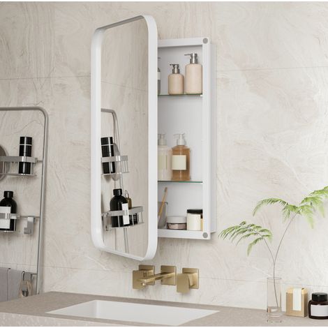 Armadio a specchio 76 x 51 x 12 cm con telaio in metallo, 2 ripiani in vetro, bianco HAVRYA (1/5)