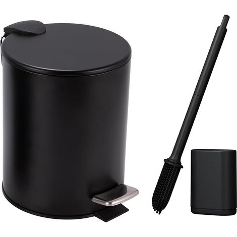 Poubelle de Salle de Bain 3L, Petit, Couvercle avec Brosse WC, Poubelle à Pédale pour Toilettes, Compact, Petit Espace, en Acier, Fermeture en Douceur, Noir (1/5)