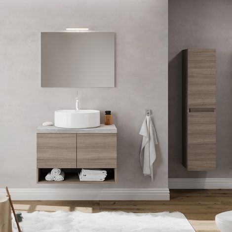 OSLO Meuble 2 portes pour vasque à poser Chêne fumé & plan gris béton L. 60 cm + miroir + colonne (1/5)