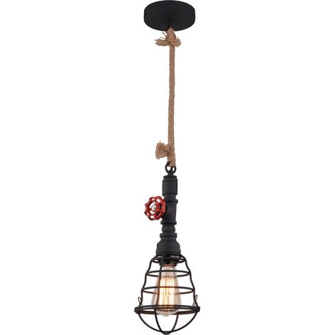 Suspension Luminaire Design en Métal Noir et Corde de Chanvre, Douille E27 pour Salon et Cuisine - PANGIVO (1/4)