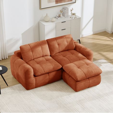 Sofá modular en L de 2 plazas con otoman, chenilla naranja, diseño acolchado, sin montaje (1/5)