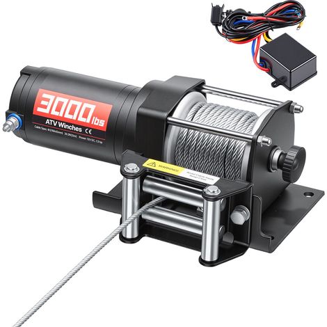 Treuil électrique 1360 kg, 12V DC, câble acier 5mm x 12m, télécommande filaire, IP55, plaque de montage aluminium, pour quad/UTV, noir (1/5)