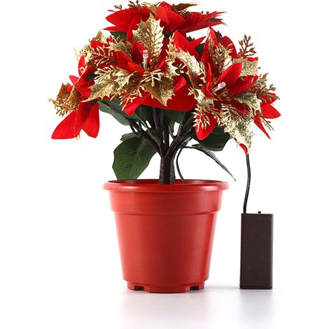 Poinsettia Artificielle LED Dorée Plante Faux Fleur Lumineuse en Pot Décoration de Noël Intérieur Ambiance Chaud (1/4)