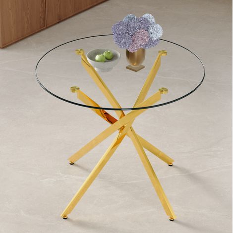 Table rotondo in vetro temperato e metallo oro trasparente, Ø88x75 cm, per 2-4 persone (1/5)