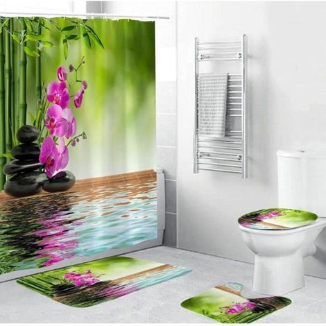 Ensemble de salle de bain en bambou - Belle - 4 pièces - Rideau de douche imperméable (1/4)