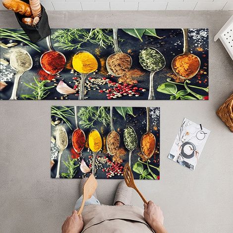 SHINING HOUSE Küchenmatte, Besteck und Gewürze, rutschfeste Küchenmatte, saugfähige Vordermatte, maschinenwaschbare Wohnzimmer-Bodenmatte, 40 x 60 + 40 x 120 cm (1/4)