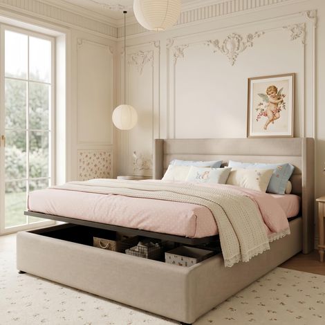 Lit Coffre Double 160x200 cm en Lin Beige - Tête de Lit à Rayures et Sommier à Lattes - Design Moderne avec Rangement Intégré (1/5)