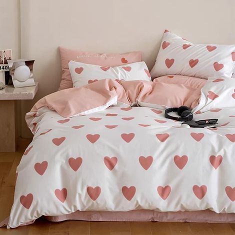 Housse de Couette Cœur 220x240 Rose + 2 Taies d'oreiller 65x65cm (1/5)