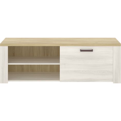 Abitare – Meuble TV chêne blanchi et clair 130x40x49 cm – 1 porte, 2 compartiments – Blocs ABS anti-bruit et anti-rayures (1/5)