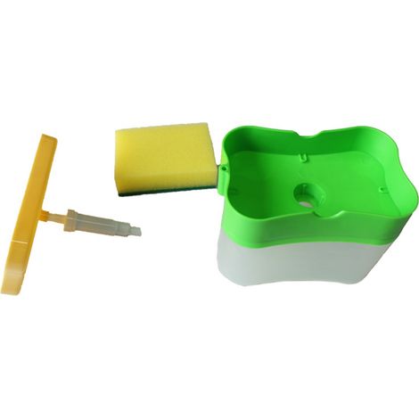 Distributeur de savon en plastique ABS, mécanisme à bouton-poussoir, porte-éponge, accessoire vaisselle pour plan de travail, vert (1/4)