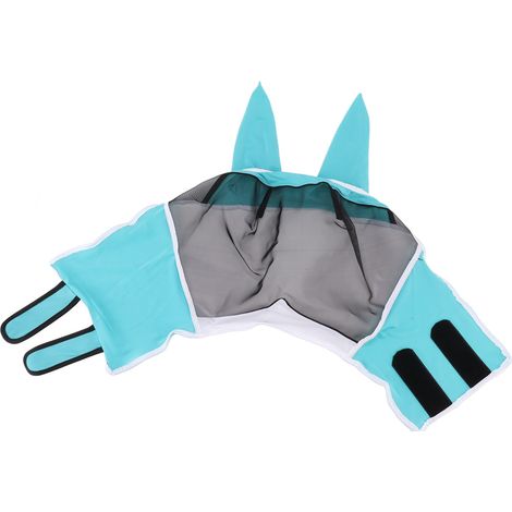 Masque anti-mouches pour chevaux, en maille respirante, élastique, protection UV, avec oreilles, bleu, taille L (45 x 54 cm / 17,7 x 21,3 pouces). (1/5)
