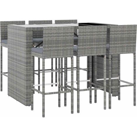 Vidaxl – Ensemble de bar de jardin 7 pcs – Résine tressée et acier enduit de poudre – Coussins gris confortables – Table 145x80cm et tabourets 40x44x108cm