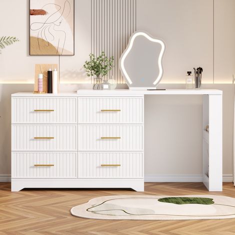 Coiffeuse rotative multifonction blanche, éclairage LED, table de toilette et bureau, dimensions 110 x 40 x 129 cm (1/5)