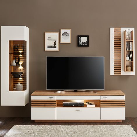 Wohnwand, weiß mit Eiche, FALLON-55, modern, 3-teilig, inkl. Beleuchtung (1/5)