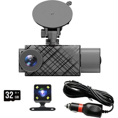 Videocamera da cruscotto per auto con 3 obiettivi (anteriore, posteriore, interno), telecamera da 2 pollici 1080P, visione notturna, registrazione in loop (colore: 3 telecamere - 32 GB) (1/4)