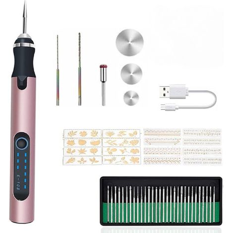 Stylo à graver électrique, 3 vitesses réglables, kit d'outils de gravure sans fil rechargeable, 52 pièces (rose) (1/5)