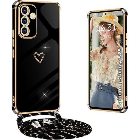 Coque arrière de protection pour Samsung Galaxy S25 avec dragonne, couleur cœur noir (1/3)