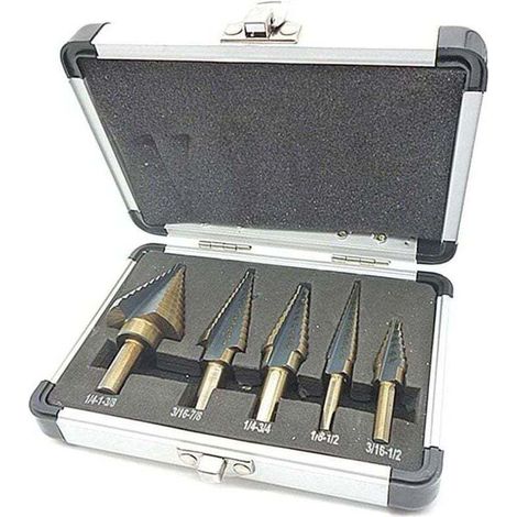 5 Pcs Foret Fraise Meche Etage, Foret Étagé, avec Boîtier en Aluminium Professionnel, Tige Hexagonale, avec Tampon de Centrage Automatique, Perçage Précis Dans L'acier, le Métal (1/5)