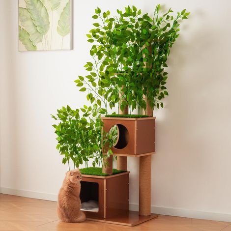Arbre à chat géant 68 x 45 x 175 cm avec feuilles artificielles amovibles, 2 niches spacieuses, plateformes d'observation, griffoirs en sisal naturel, coussin doux - style naturel moderne - MDF - vert (1/5)