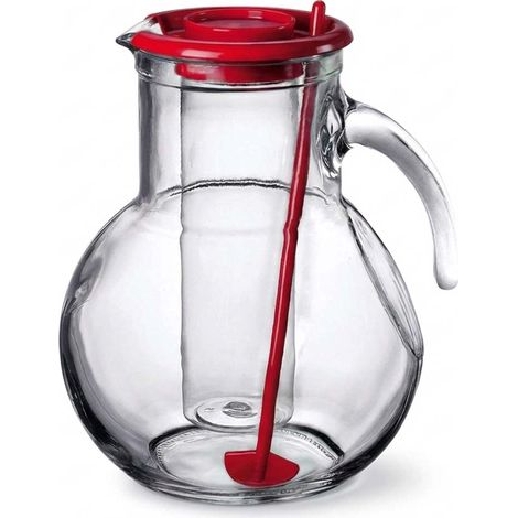 Caraffa in Vetro 2 Litri con Portaghiaccio Interno e Cucchiaio Mescolatore Brocca Refrigerante per Cocktail Sangria e Bevande Fredde Tappo Rosso Design Tondeggiante per Feste e Aperitivi (1/5)