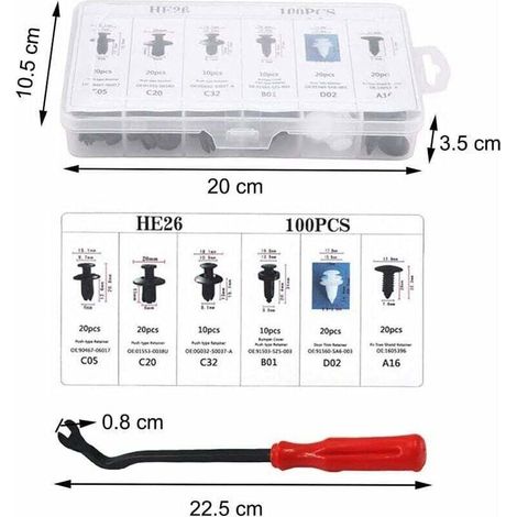 100 clip di fissaggio in plastica, clip in plastica per auto, clip per rivestimenti della carrozzeria Peugeot con strumento di rimozione, clip universali per pannelli delle portiere auto (1/4)