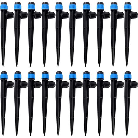 20 goteros de riego para tuberías de 4/7 mm, microaspersor de 360 grados con conector de púas y estaca de soporte, gotero de riego insertable, azul