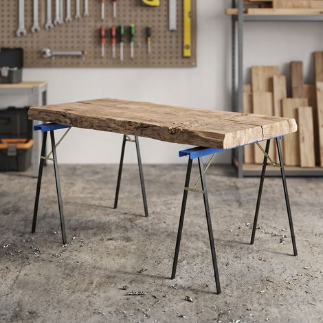 Ensemble de 2 tréteaux métalliques robustes et pliables, parfaits pour la menuiserie et les projets de bricolage. Bleu et noir. (1/5)