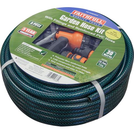 Faithfull 30M (98ft) Reinforced Hose Kit – PVC Garden Hose Pipe with 3 Fittings & Multipattern Spray Gun (1/5)