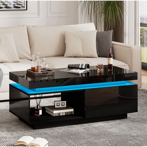 Moderner Hochglanz-Couchtisch mit LED-Beleuchtung, 100x50x40,3 cm – Eleganter Tisch mit Schublade und 50 kg Tragkraft (1/5)