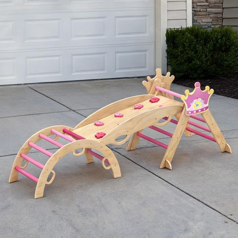 Cage d'escalade en bois pour enfants avec toboggan et arche rose (1/5)
