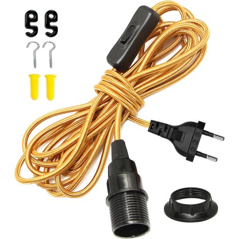 Douille E14 avec Fil Cable 4.5M, Support Ampoule E14 avec Interrupteur et Fiche et Bague de Fixation, Doré Rallonge en Nylon, Cable Suspension Luminaire, Câble pour Lampe de Sel Rechange, pour Bureau