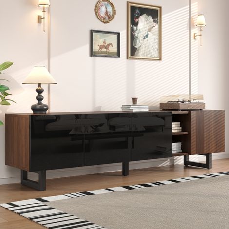 Meuble TV 180 cm 4 Portes Banc TV Grand Rangement Noir Brillant et Effet Bois Salon GL2501S (1/5)
