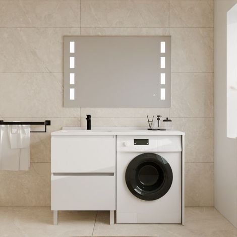 Cuisibane – Meuble lave-mains 124x65 cm avec vasque déportée à gauche – 2 tiroirs – Miroir LED 120 cm – Norme IP44 (1/5)