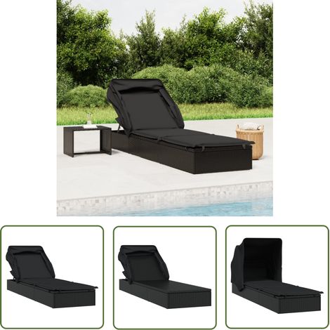 Chaise longue avec toit pliable Moderne - Transat - Fauteuil de jardin relax - noir 213x63x97 cm résine tressée Chic-658778 (1/6)