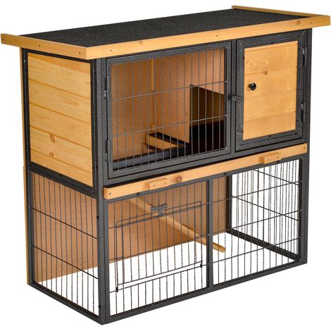 Clapier surélevé pour petits animaux, cage avec porte verrouillable, en bois et métal jaune clair, 89,5 x 45 x 81 cm, pour lapins et cochons d'Inde (1/5)