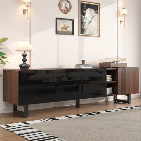 Mueble para TV de MDF y PB negro/natural 180 x 38 x 50 cm, 4 puertas sin tiradores y gran capacidad de almacenaje (1/5)