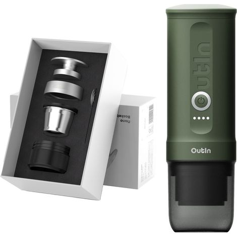 Kit OutIn Nano Macchina Espresso Elettrica Portatile + Basket Plus - Verde Foresta - Camping, Viaggio