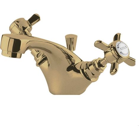 Traditional Bathroom Crosshead Mono Basin Mixer Tap with Pop-Up Waste - Brushed Brass