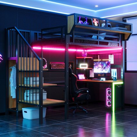 Lit Mezzanine Métal 90x200 cm avec bureau, armoire et étagères - Lit surélevé gain de place pour ado avec LED et prise noir