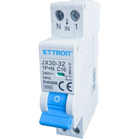ETTROIT Magnetothermischer Schalter 1P+N 16A 1 MODUL DIN 220V 6KA 6000A JX151660