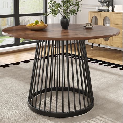 Tavolo da pranzo rotondo 80x80x76 cm nero e noce in MDF e metallo con piedini regolabili (1/5)