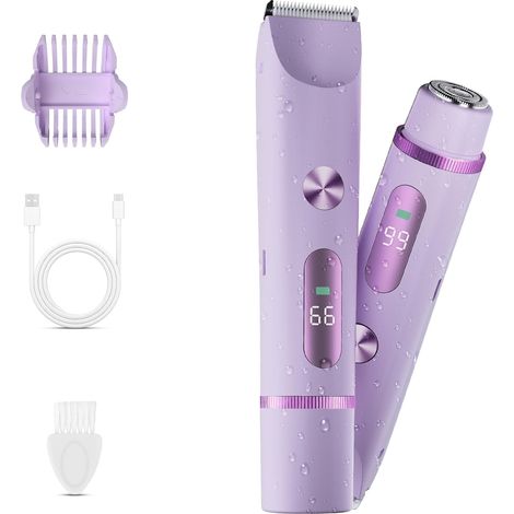 Rasoir Électrique Femme 2 en 1 Rechargeable Tondeuse Bikini Corps Visage Lames Céramique IPX7 Sans Fil Violet (1/5)